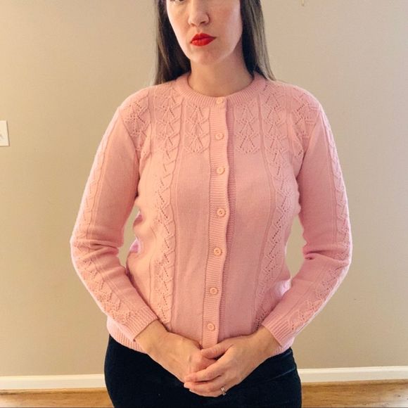Vintage Sweaters - Deadstock Vintage 1960s Pink Cable Knit Cardigan